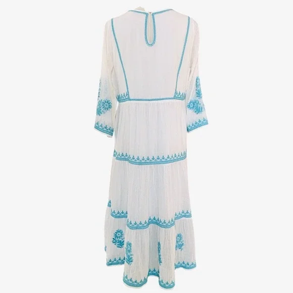 Soft Surroundings Gauzey Juniper Dress Blue White Embroidered Sz Medium Cotton - Picture 8 of 16